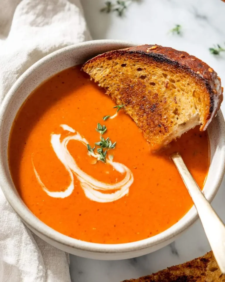 A bowl of creamy grilled cheese tomato soup with a swirl of cream, fresh thyme, and a crispy grilled cheese sandwich half dipped in.