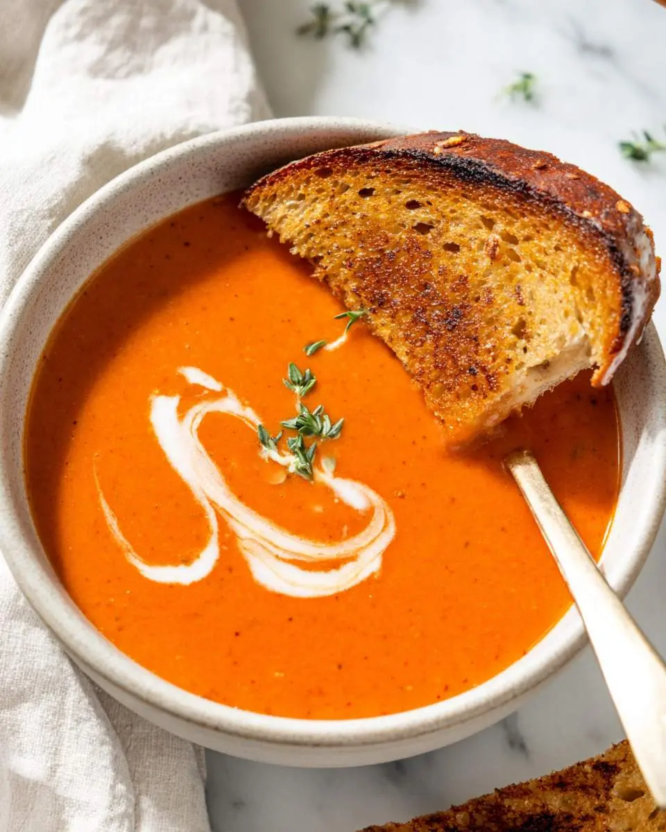 A bowl of creamy grilled cheese tomato soup with a swirl of cream, fresh thyme, and a crispy grilled cheese sandwich half dipped in.
