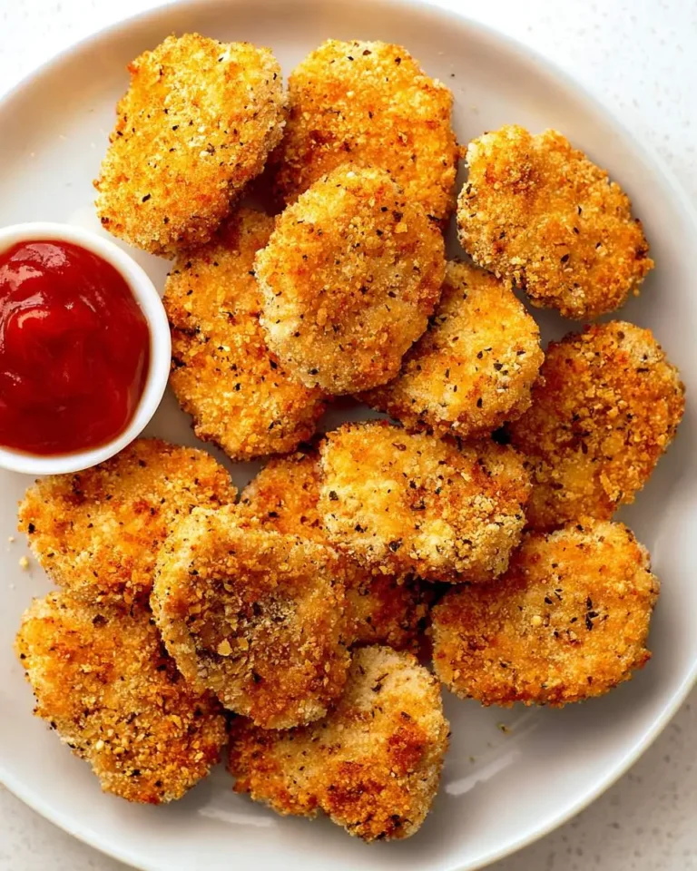 Golden crispy ground chicken nuggets air fryer style served on a white plate with a small bowl of ketchup.