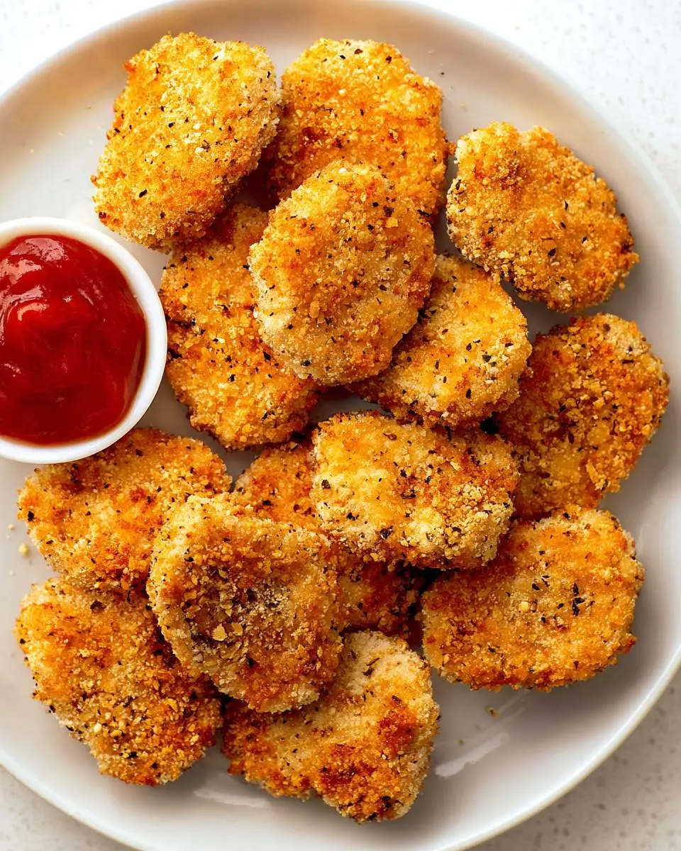 Golden crispy ground chicken nuggets air fryer style served on a white plate with a small bowl of ketchup.