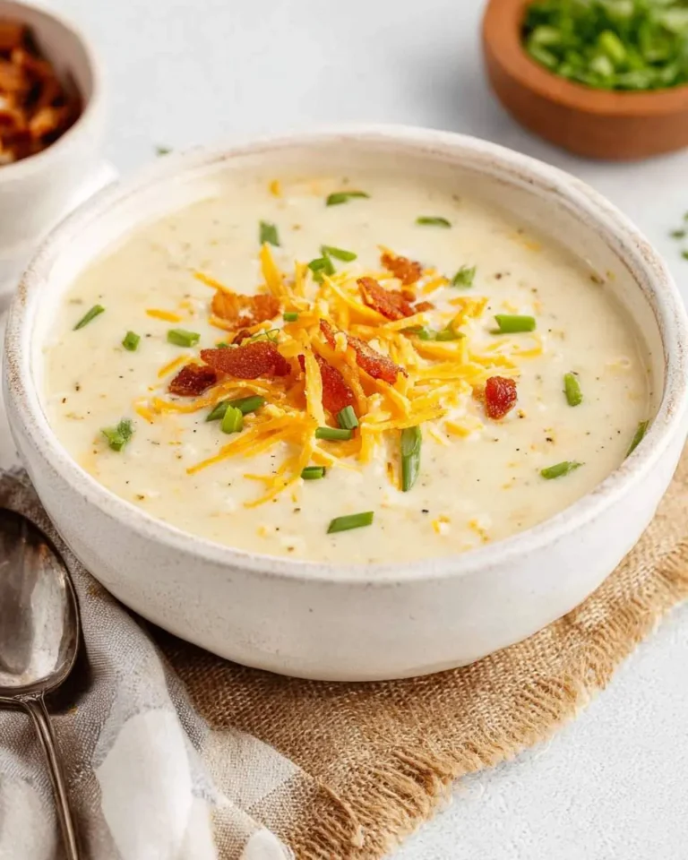 Creamy hashbrown potato soup topped with shredded cheddar cheese, crispy bacon bits, and fresh chives in a white bowl.