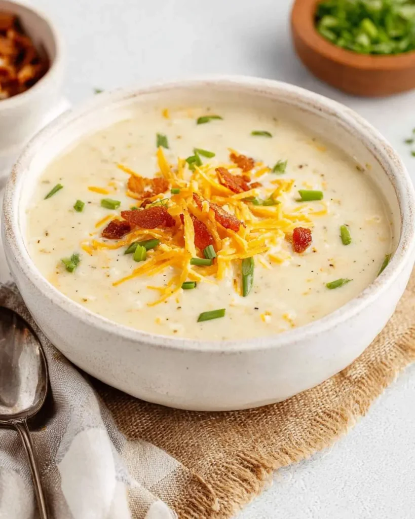 Creamy hashbrown potato soup topped with shredded cheddar cheese, crispy bacon bits, and fresh chives in a white bowl.