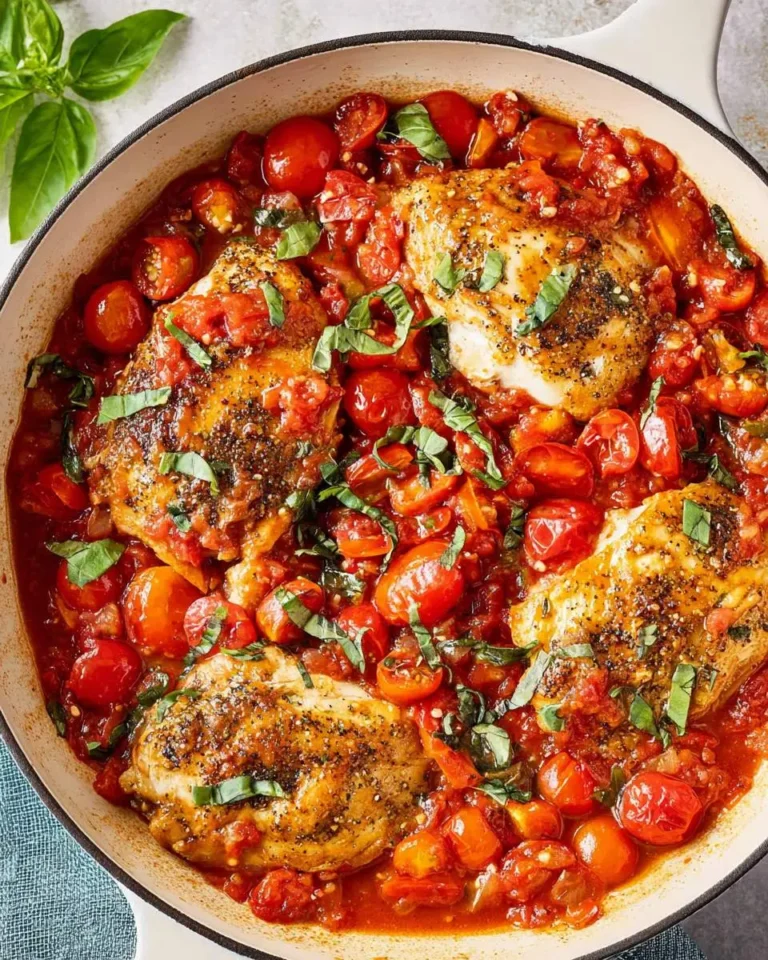 Healthy Chicken Pomodoro Skillet with golden chicken thighs, burst cherry tomatoes, and fresh basil in a white enamel pan.