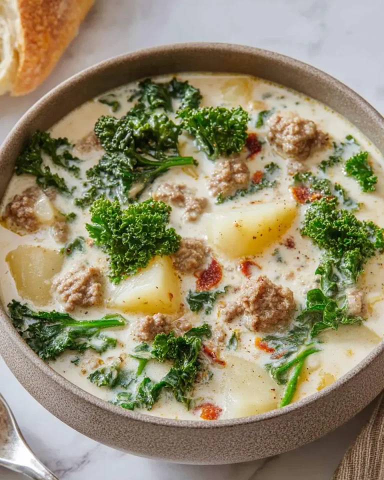 Creamy healthy zuppa toscana soup with sausage, potatoes, and kale in a rustic bowl.
