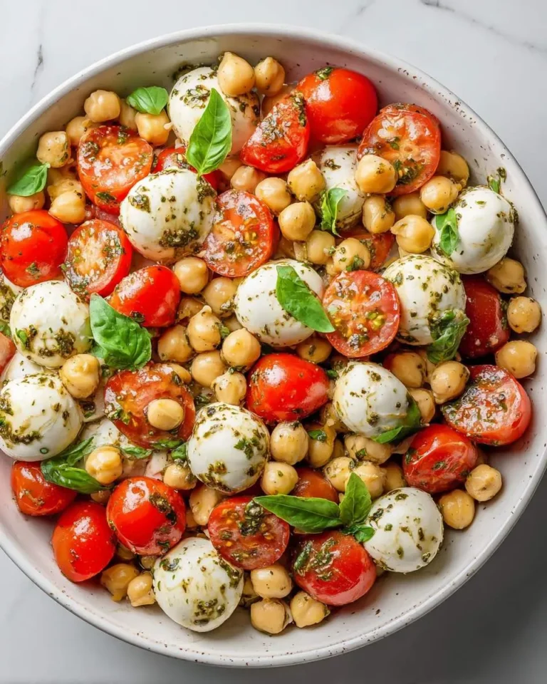 A bowl of high protein Caprese Chickpea Salad with mozzarella balls, cherry tomatoes, chickpeas, and fresh basil.