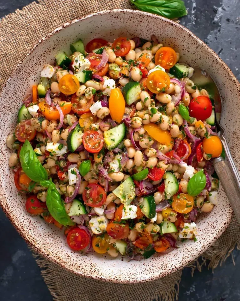 A colorful high protein Dense Bean Salad with white beans, cherry tomatoes, cucumbers, red onion, and feta in a speckled bowl.