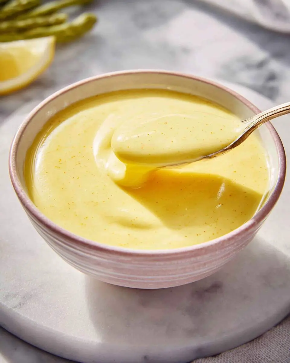 A bowl of creamy Hollandaise Sauce Recipe with a spoon lifting a portion, showing its smooth texture.