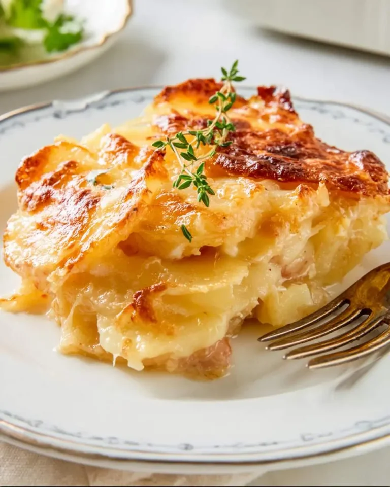A golden, cheesy slice of homemade scalloped potatoes topped with fresh thyme on a decorative white plate.
