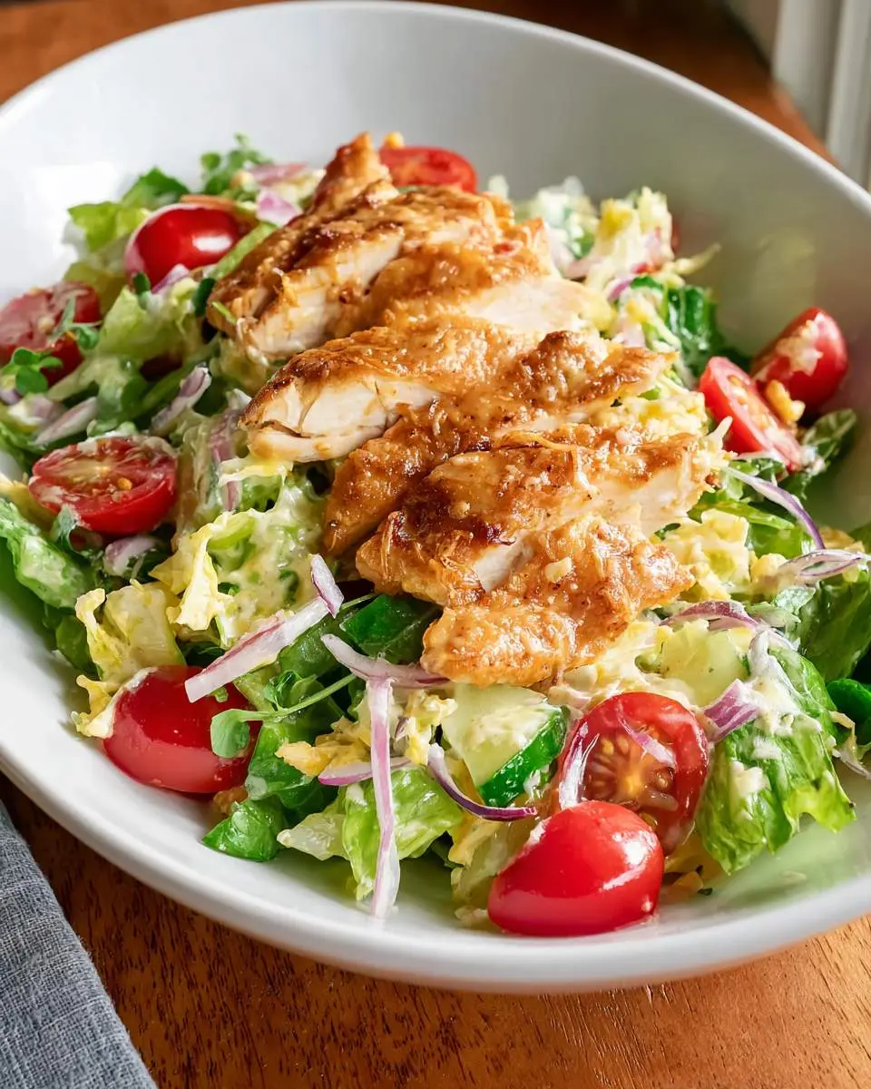 A fresh Honey Mustard Chicken Salad with crispy chicken, cherry tomatoes, red onion, and creamy dressing in a white bowl.