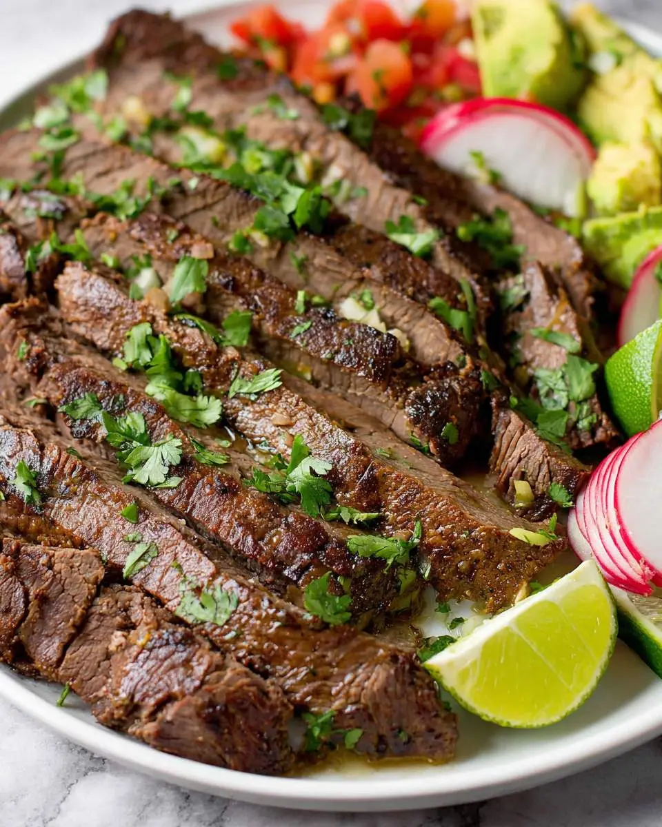 Sliced Instant Pot Carne Asada on a white plate garnished with cilantro, lime wedges, radish, and avocado.