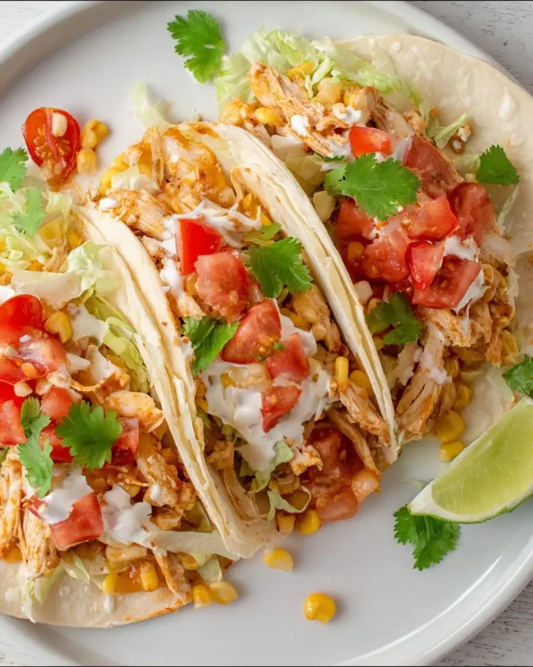 Three Instant Pot Chicken Tacos on a white plate topped with tomatoes, cilantro, corn, and crema with a lime wedge.