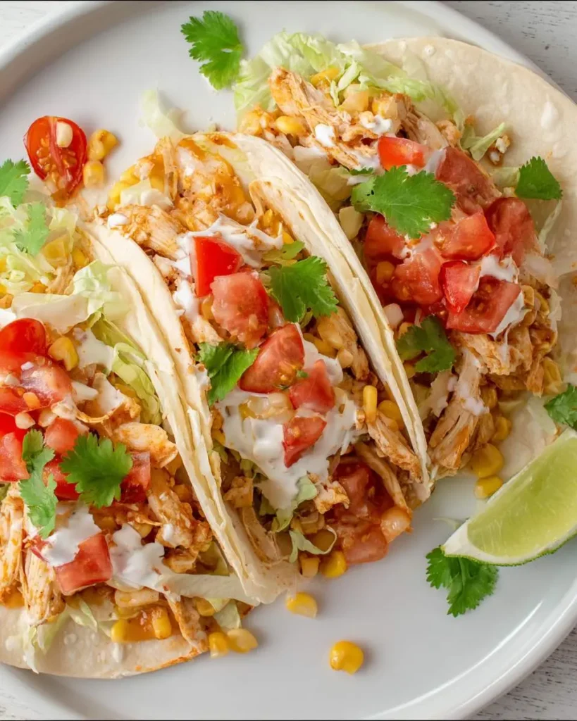 Three Instant Pot Chicken Tacos on a white plate topped with tomatoes, cilantro, corn, and crema with a lime wedge.