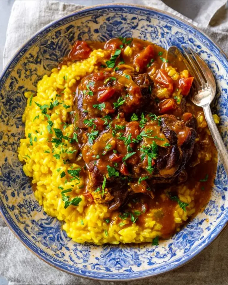Instant Pot Osso Buco & Rice served on a blue and white patterned plate with rich tomato sauce and fresh herbs.