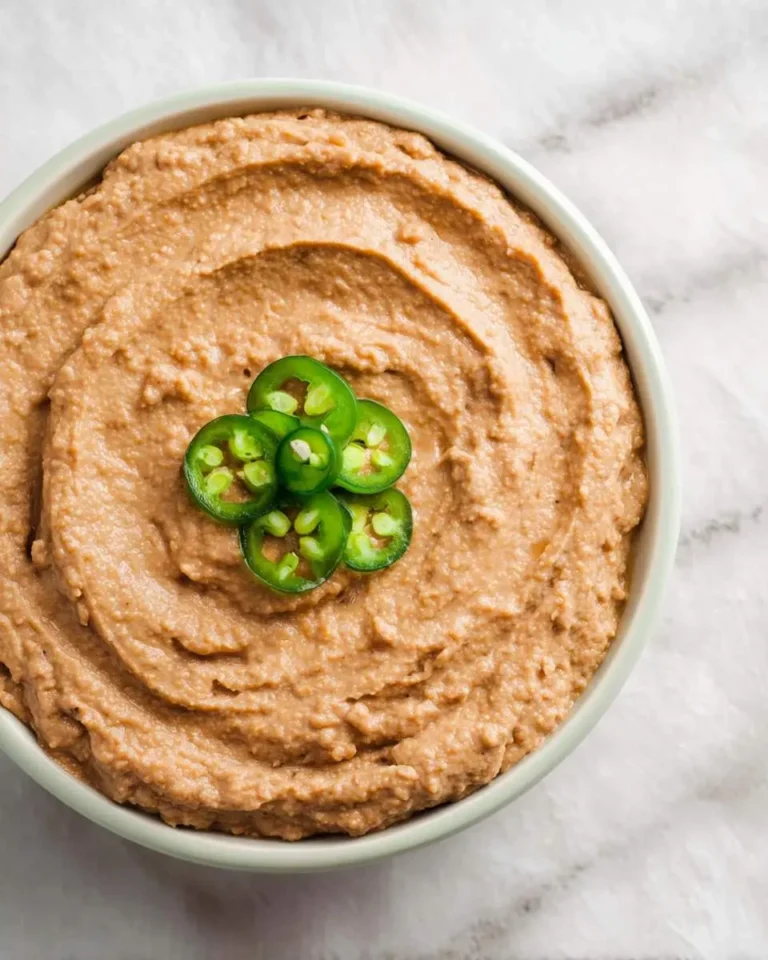 A bowl of creamy Instant Pot Refried Beans topped with fresh sliced jalapeños on a marble surface.