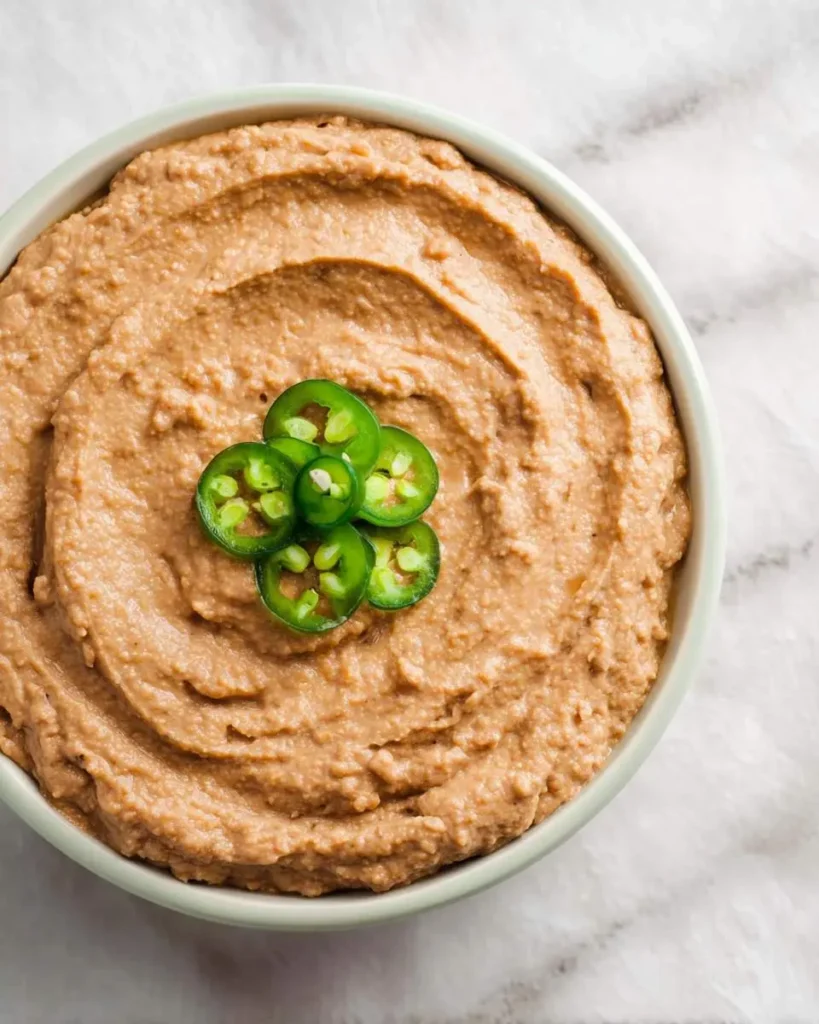 A bowl of creamy Instant Pot Refried Beans topped with fresh sliced jalapeños on a marble surface.