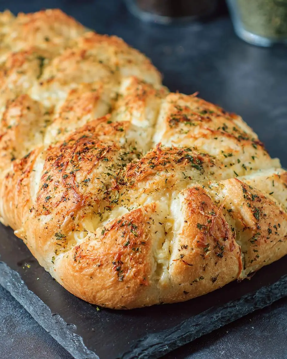 Freshly baked Italian Herb and Cheese Bread with golden crust and melted cheese on a slate board.
