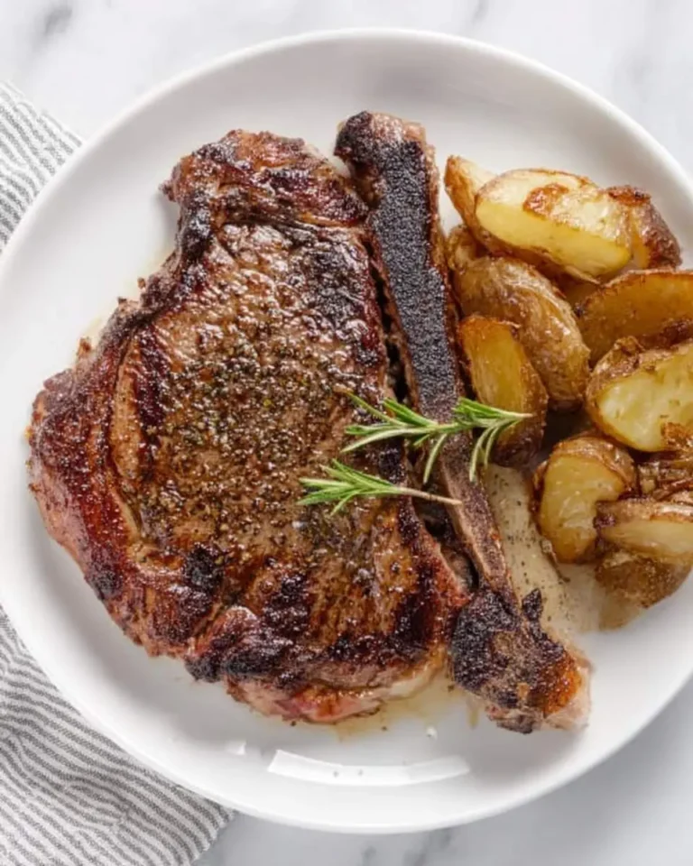 A perfectly seared Italian Rib Eye steak with roasted potatoes and fresh rosemary on a white plate.