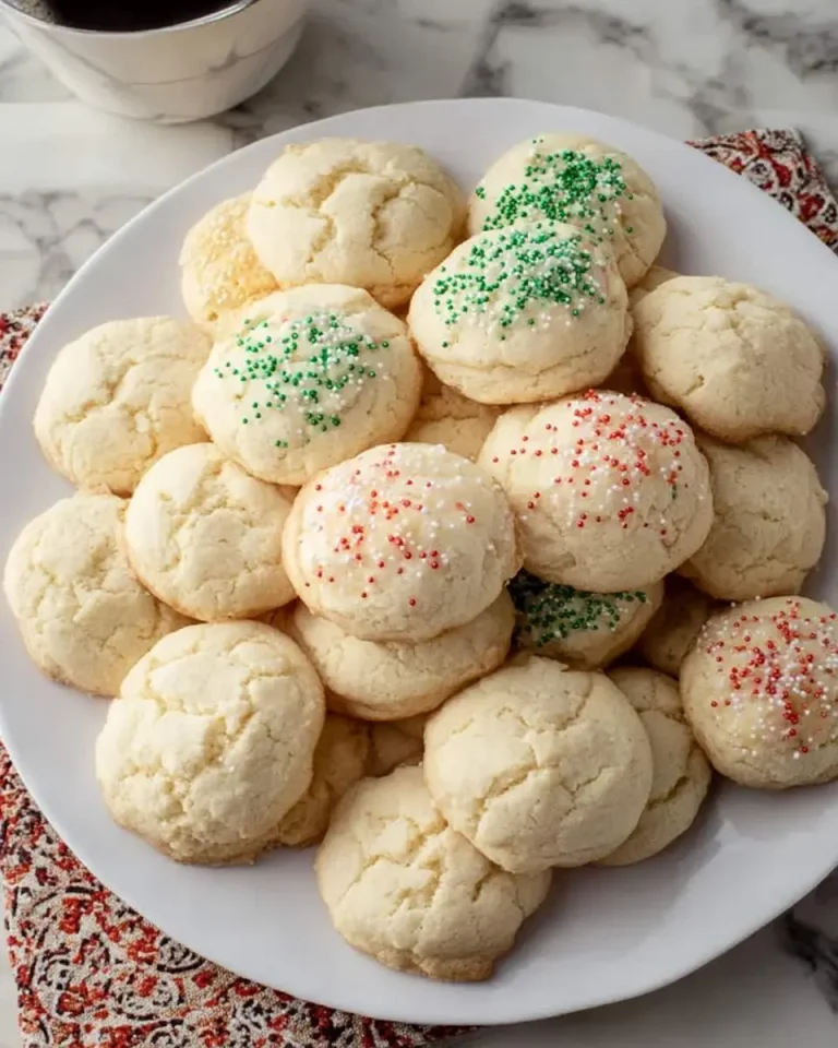A white plate piled high with soft Italian Ricotta Cookies, some decorated with red, green, and white sprinkles.