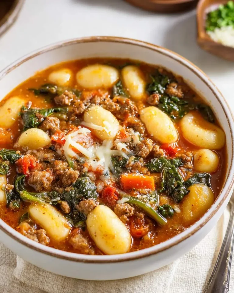 A bowl of hearty italian sausage gnocchi soup with tender potato dumplings, crumbled sausage, and leafy greens in a rich tomato broth.