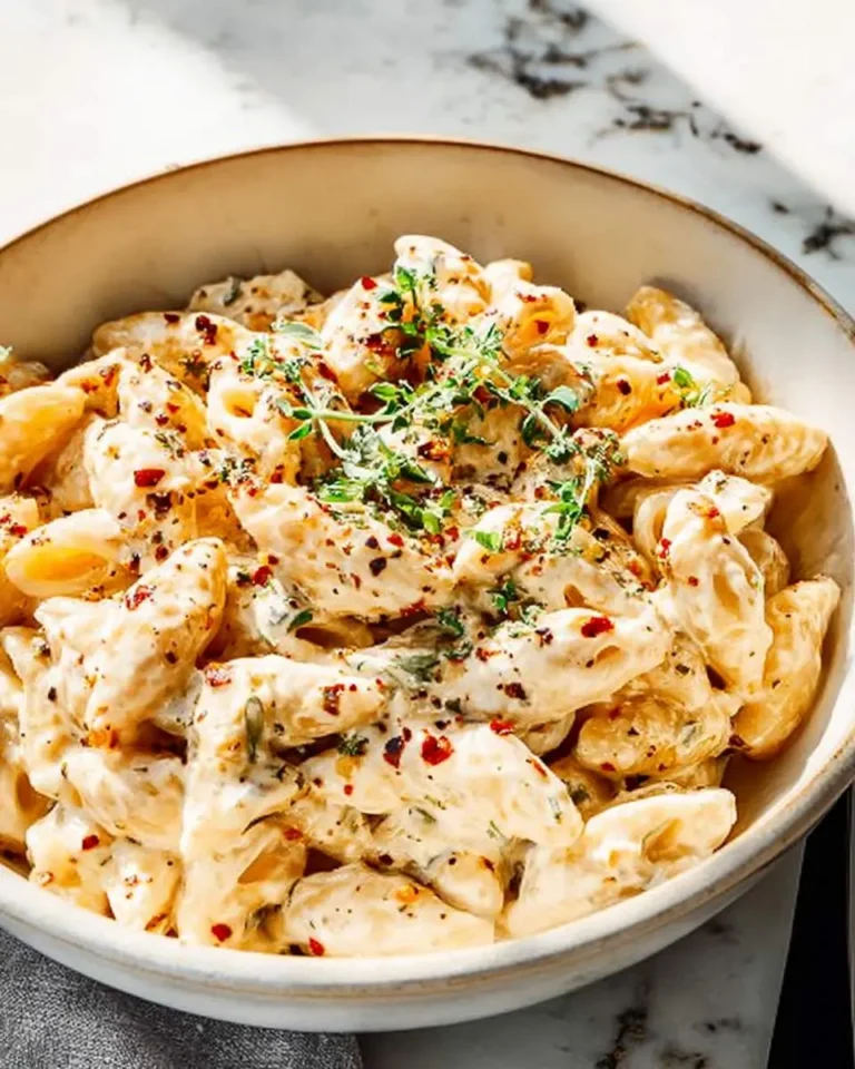 Creamy Italian Style Mac And Cheese with penne pasta topped with fresh herbs and red pepper flakes in a ceramic bowl.