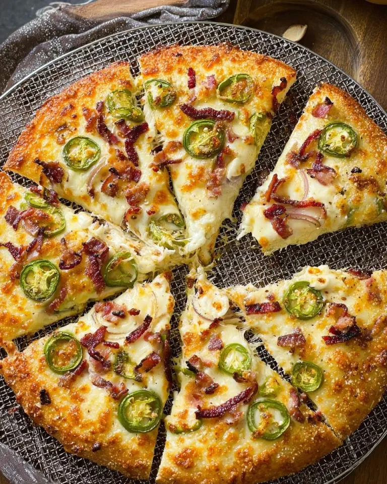 A sliced Jalapeno Popper Pizza with crispy bacon, fresh jalapeno slices, melted cheese, and golden crust on a wire rack.