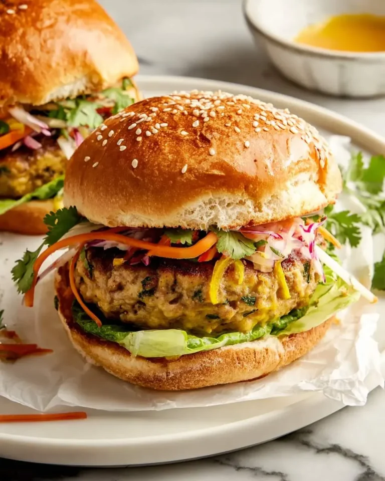 Jalapeño Curry Turkey Burgers served on sesame seed buns with fresh vegetables and herbs on a white plate.
