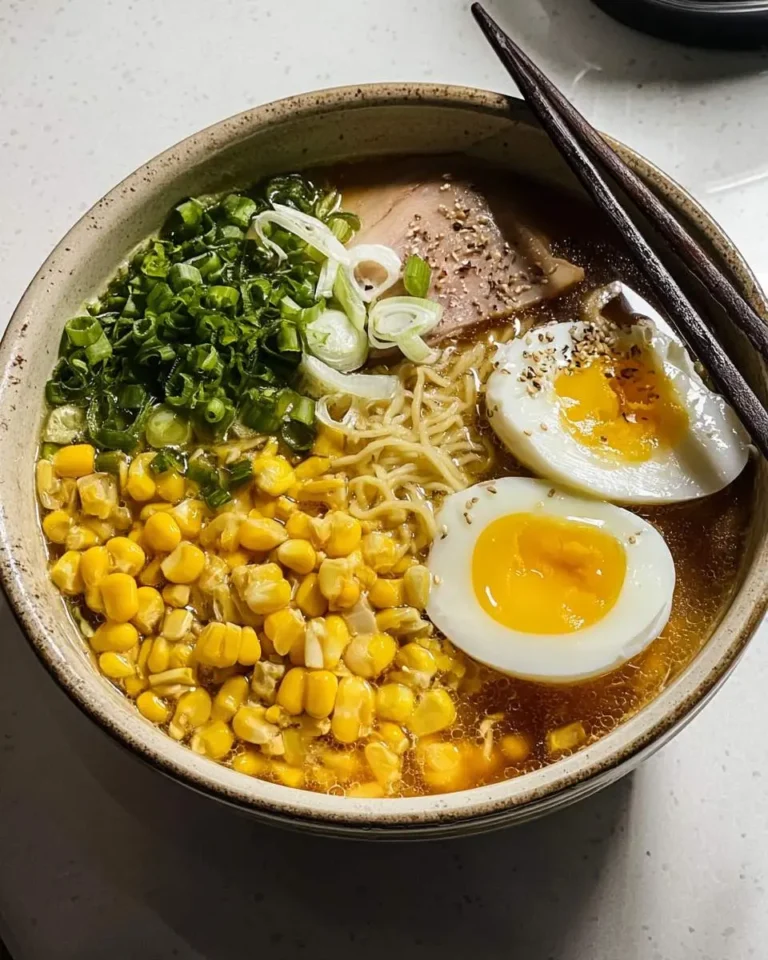 A steaming bowl of Japanese Miso Butter Corn Ramen topped with soft-boiled eggs, sweet corn, green onions, and sliced pork in a rich broth.
