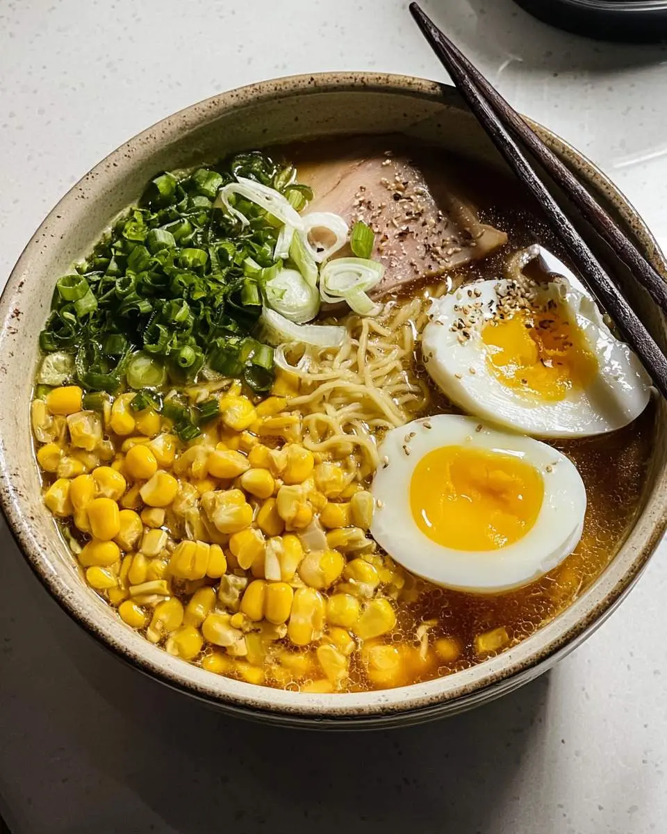 A steaming bowl of Japanese Miso Butter Corn Ramen topped with soft-boiled eggs, sweet corn, green onions, and sliced pork in a rich broth.