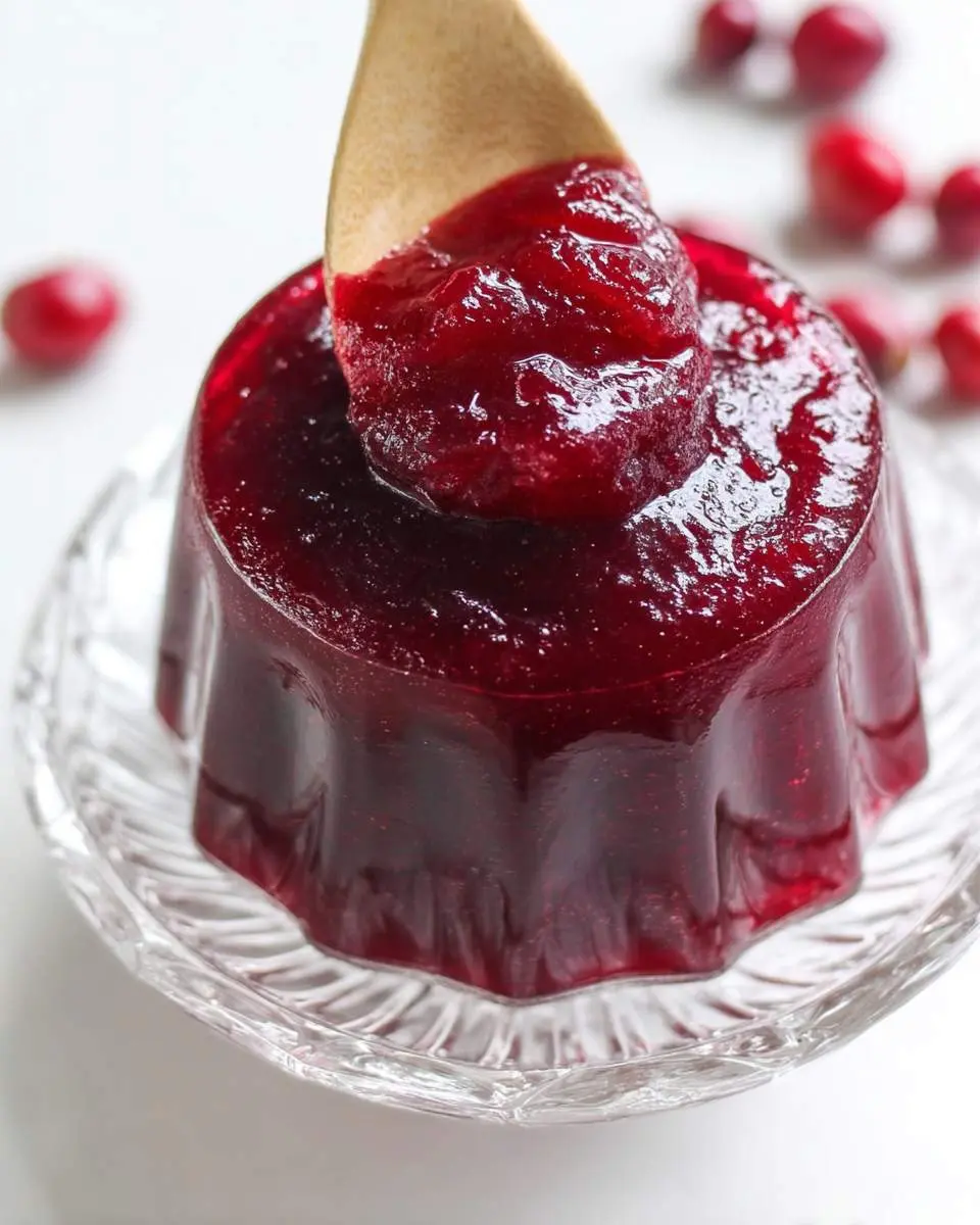 Wooden spoon scooping jellied cranberry sauce from a molded glass dish with fresh cranberries in the background.