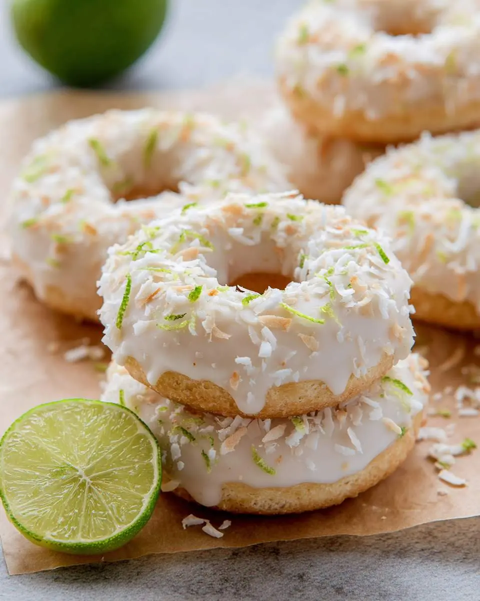 Key Lime Coconut Donuts with white glaze, toasted coconut flakes, and fresh lime zest on brown parchment paper.