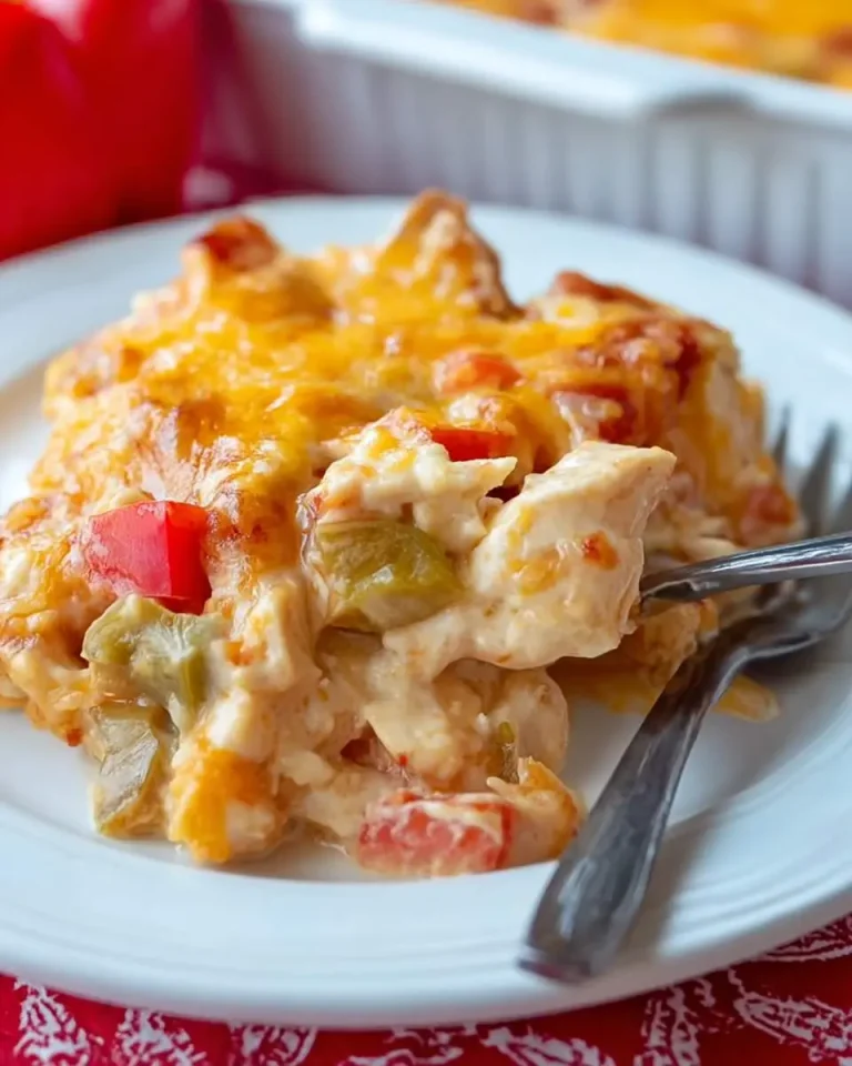 A serving of creamy King Ranch Chicken Casserole with melted cheese, chicken, and peppers on a white plate.