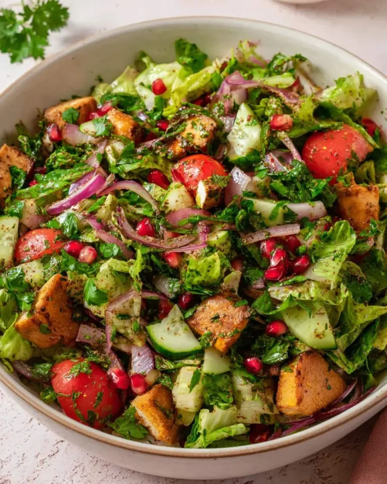 A vibrant bowl of Lebanese Fattoush Salad with crispy pita chips, fresh vegetables, and pomegranate seeds.
