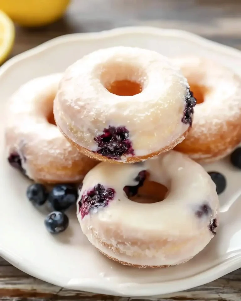 Stack of glazed Lemon and Blueberry Donuts on a white plate with fresh blueberries scattered around.
