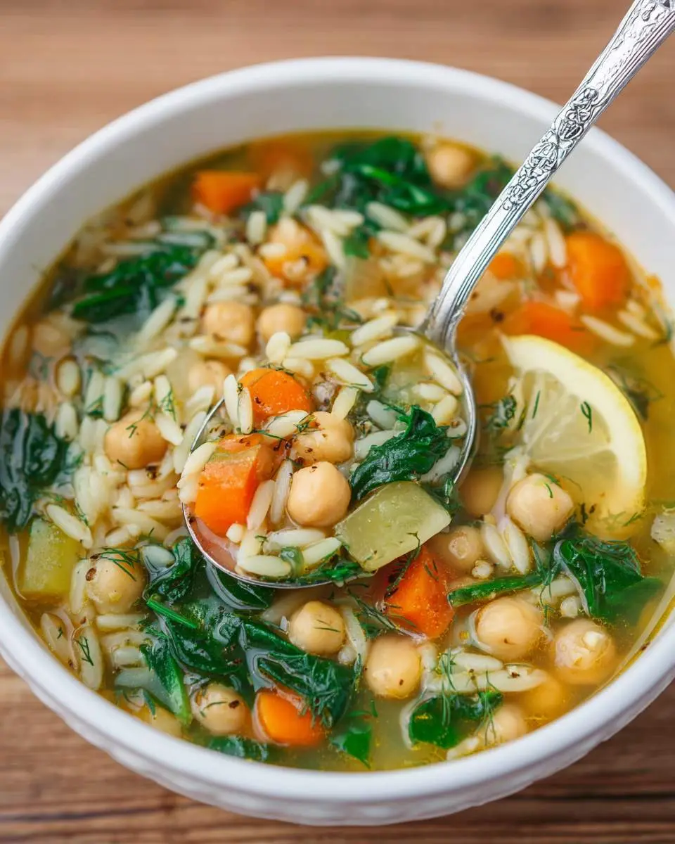 A white bowl filled with Lemon Chickpea Orzo Soup, featuring chickpeas, orzo, carrots, spinach, and a lemon slice with a silver spoon.