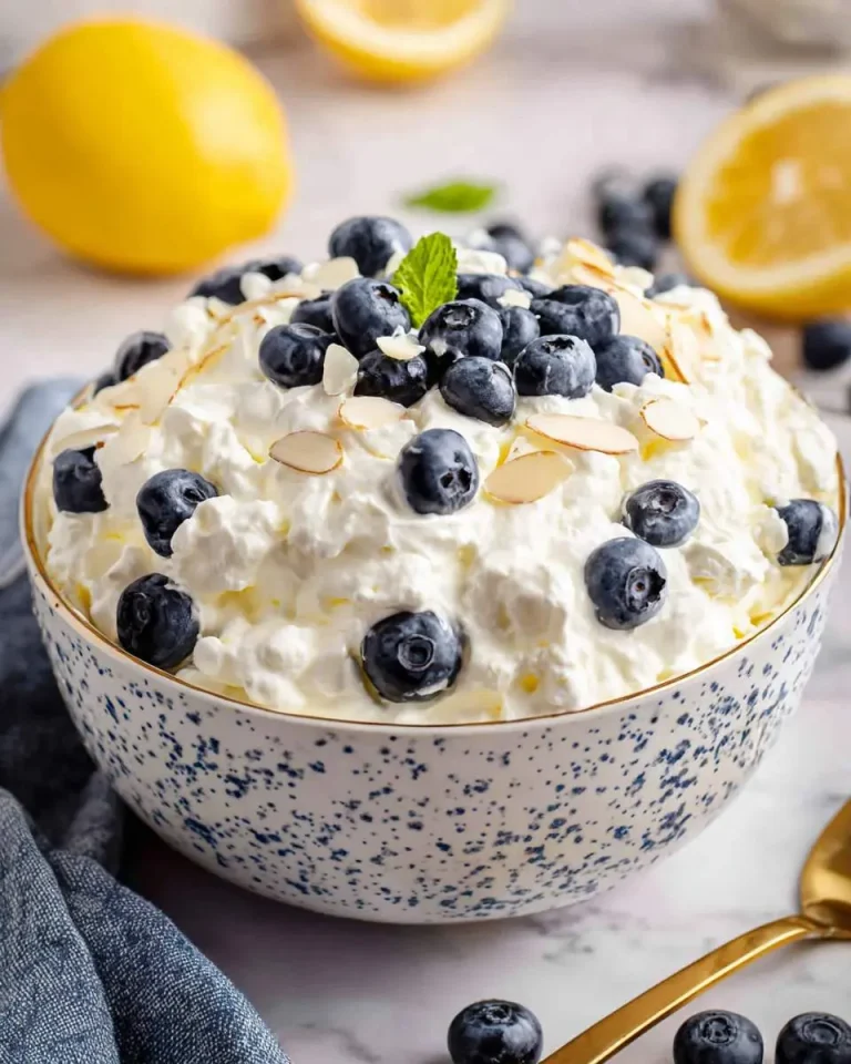 A bowl of creamy Lemon Fluff with Blueberries topped with fresh berries, sliced almonds, and mint.