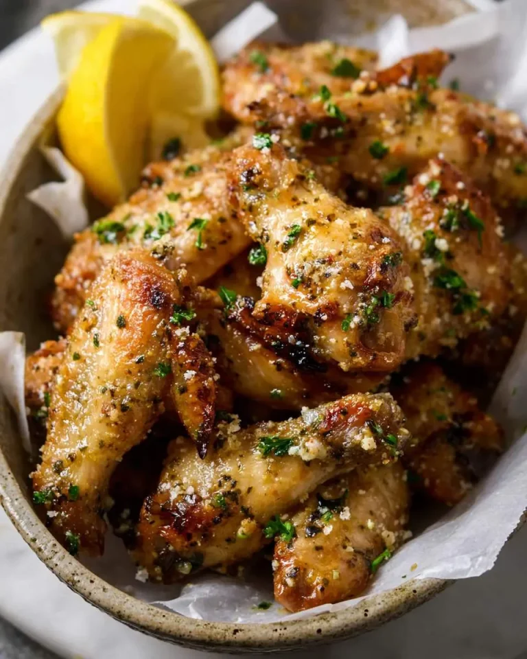 Golden crispy Lemon Parmesan Chicken Wings topped with herbs and grated cheese, served with fresh lemon wedges in a rustic bowl.