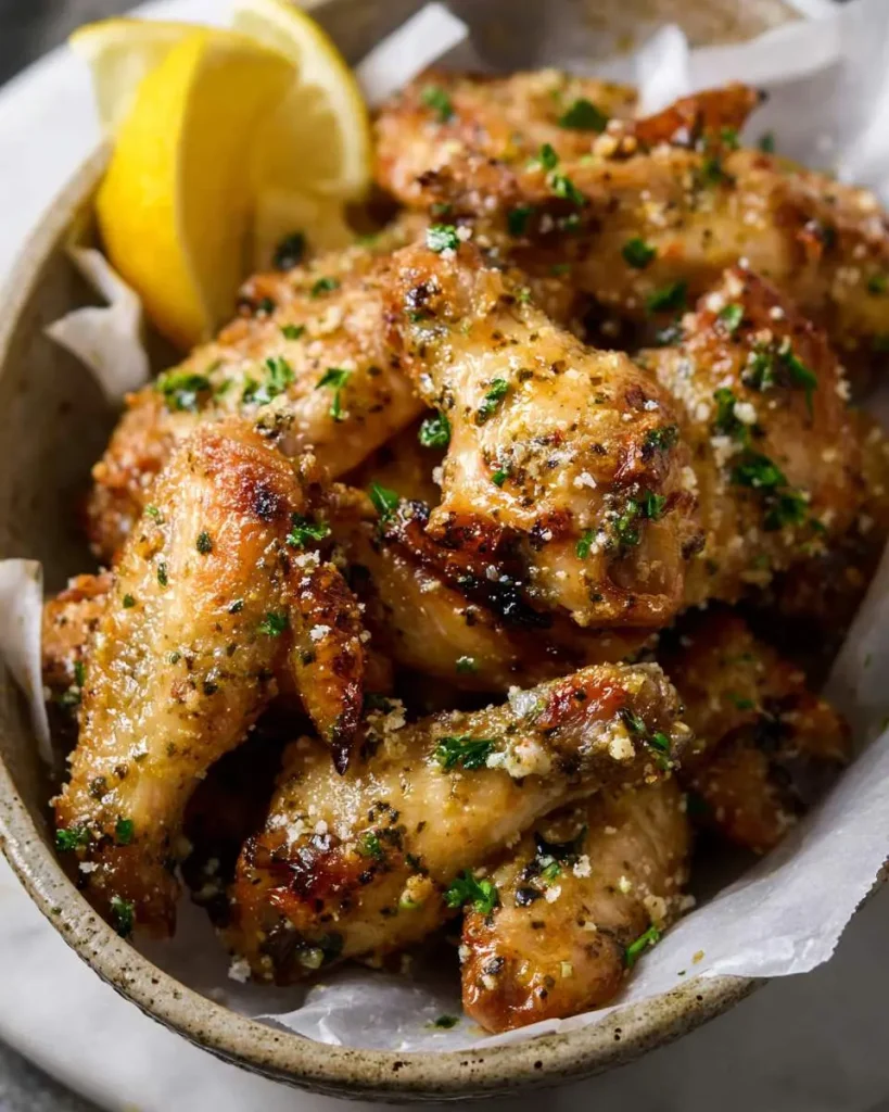 Golden crispy Lemon Parmesan Chicken Wings topped with herbs and grated cheese, served with fresh lemon wedges in a rustic bowl.