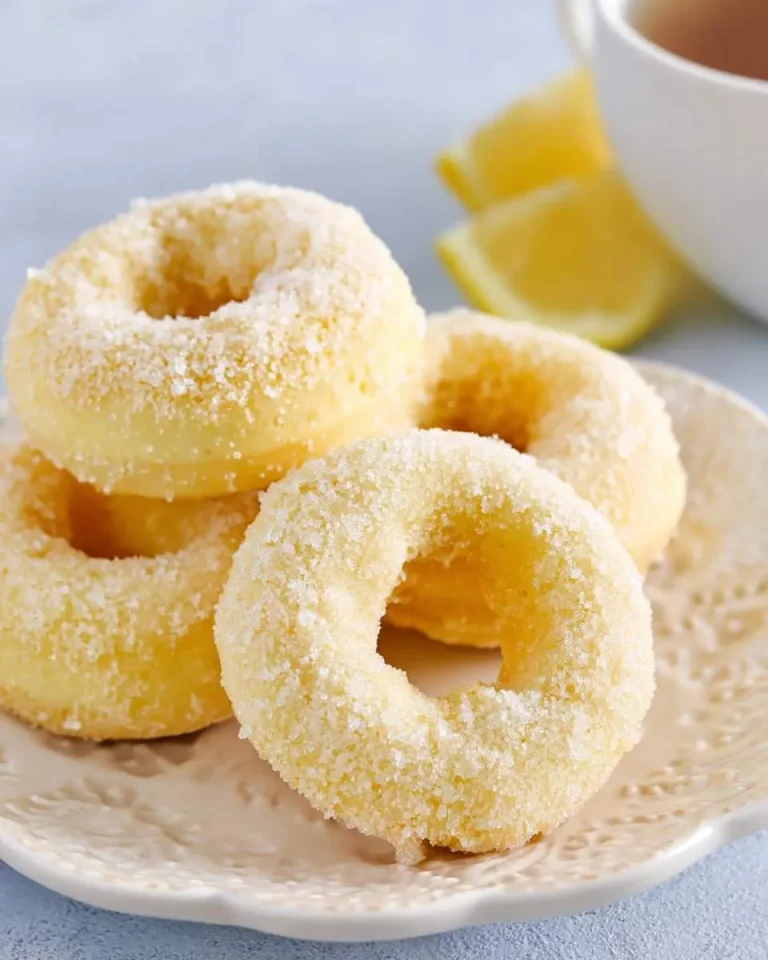 Stack of Lemon Sugar Baked Donuts on a decorative plate with lemon slices and coffee in the background.