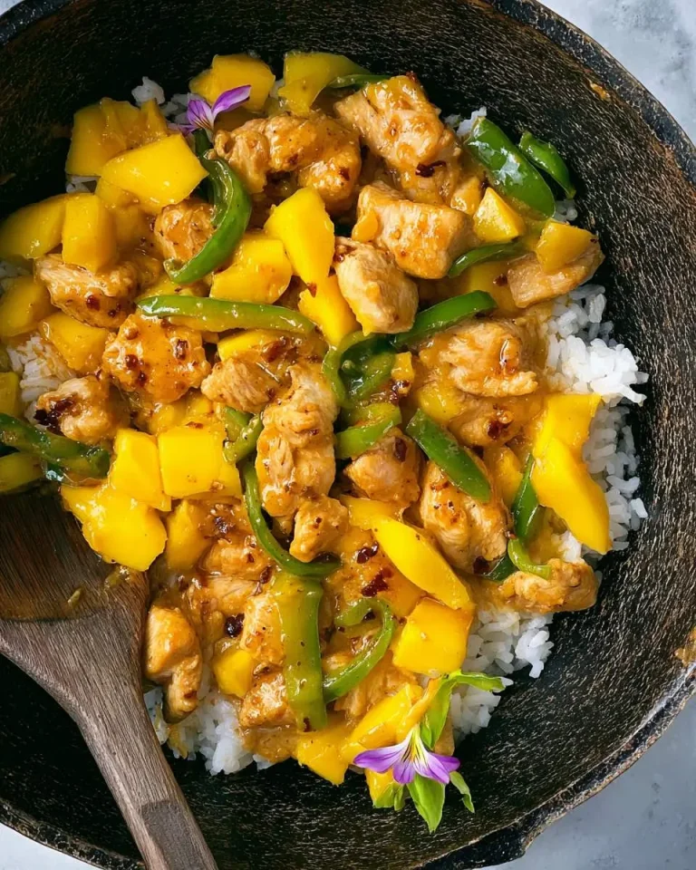 Mango Chicken and Rice served in a black bowl with green peppers and a wooden spoon.