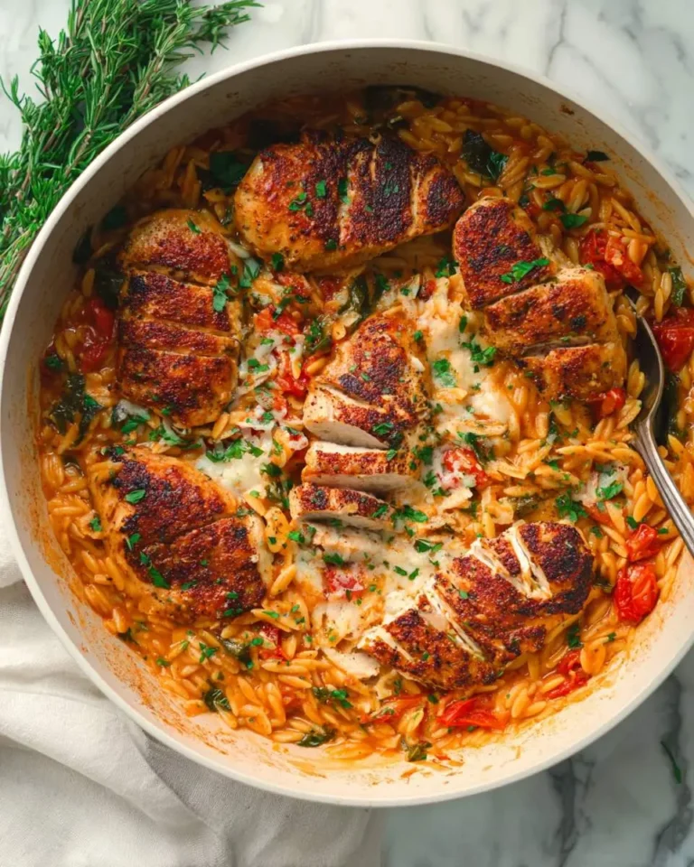 Creamy marry me chicken orzo in a white skillet with seared chicken breasts, tomatoes, and fresh herbs.