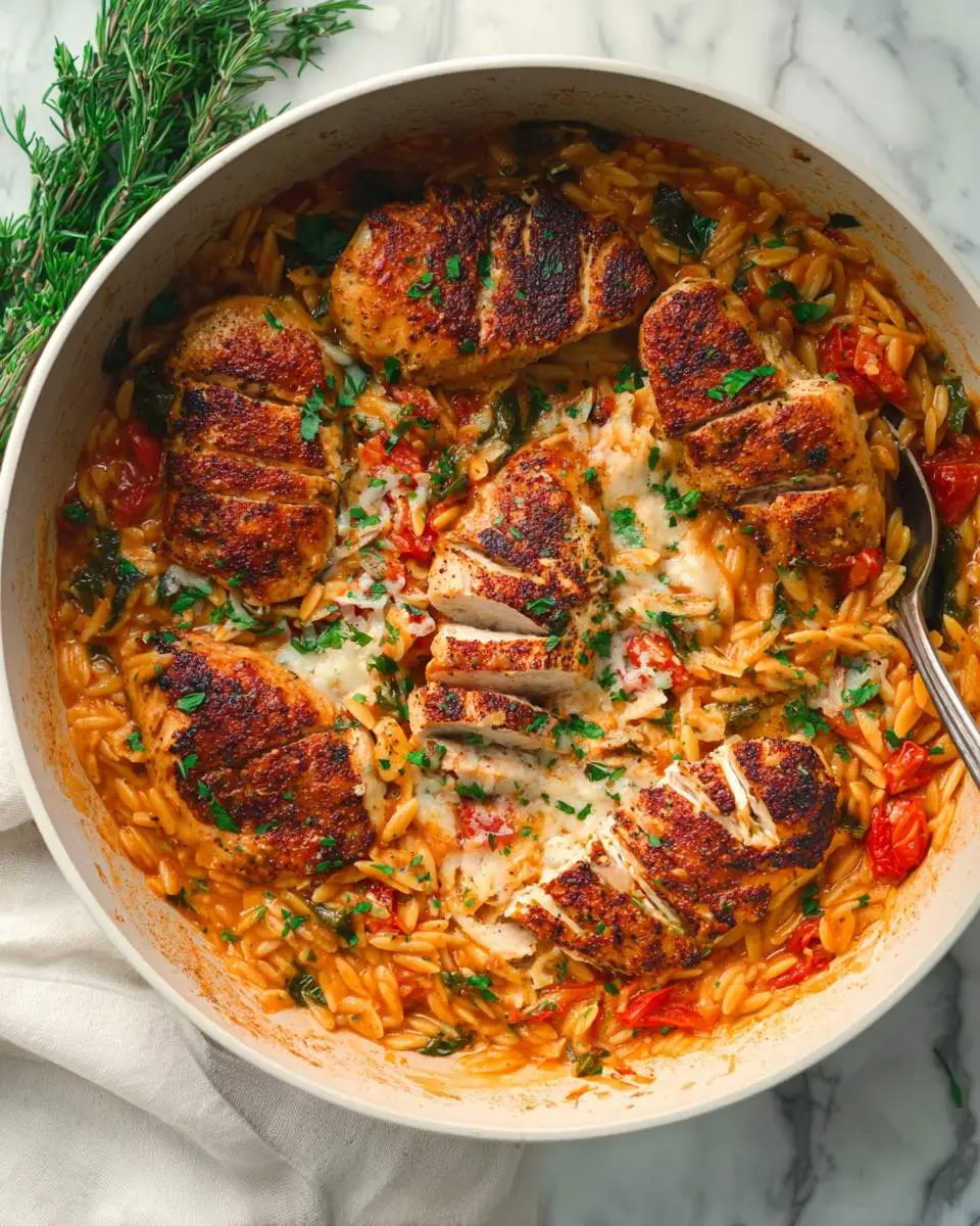 Creamy marry me chicken orzo in a white skillet with seared chicken breasts, tomatoes, and fresh herbs.