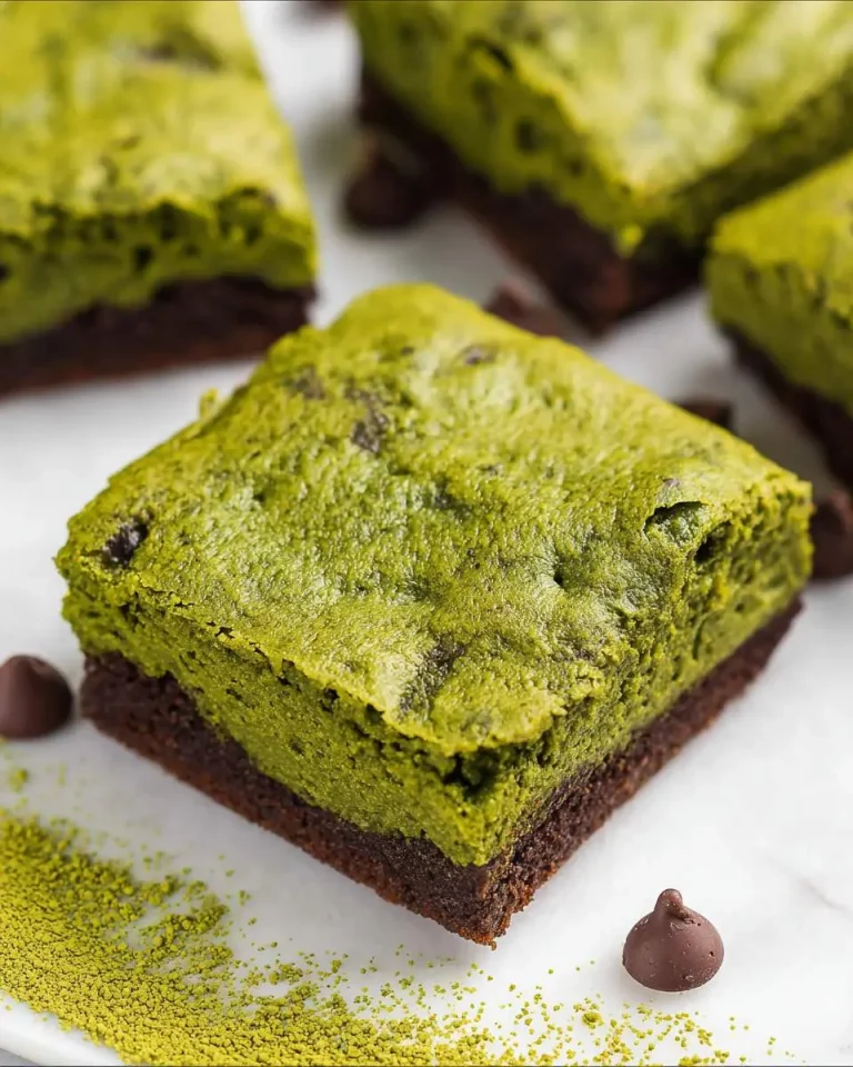 Close-up of layered matcha brownies with a fudgy chocolate base and vibrant green matcha top, studded with chocolate chips.