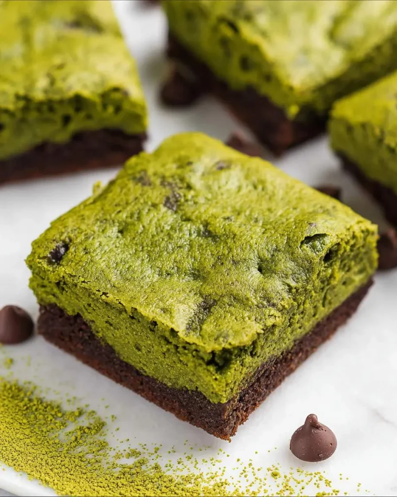 Close-up of layered matcha brownies with a fudgy chocolate base and vibrant green matcha top, studded with chocolate chips.