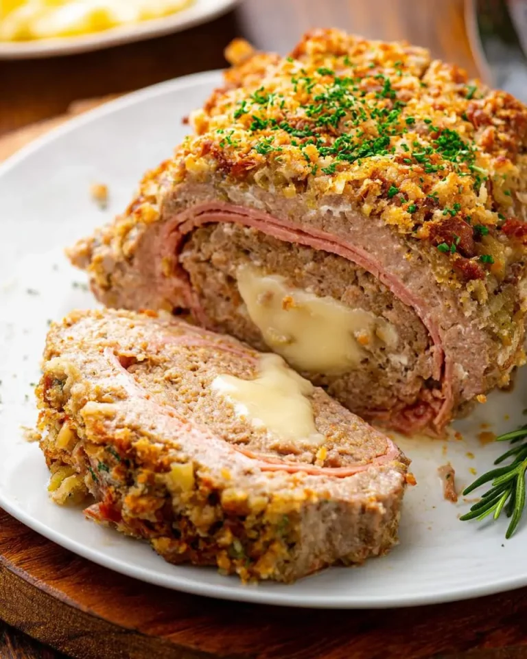 Sliced Meatloaf Cordon Bleu with melted cheese center, ham layer, and crispy breadcrumb topping on a white plate.