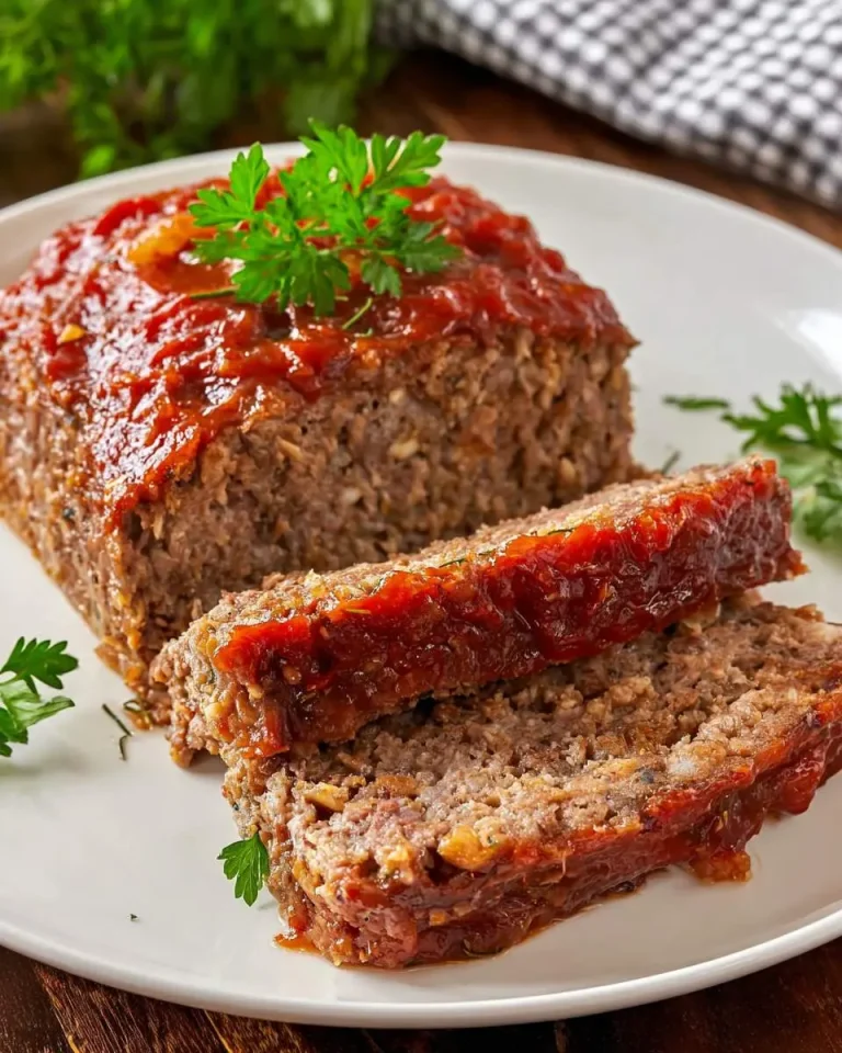 Glazed meatloaf recipe with oatmeal sliced on a white plate, garnished with fresh parsley.