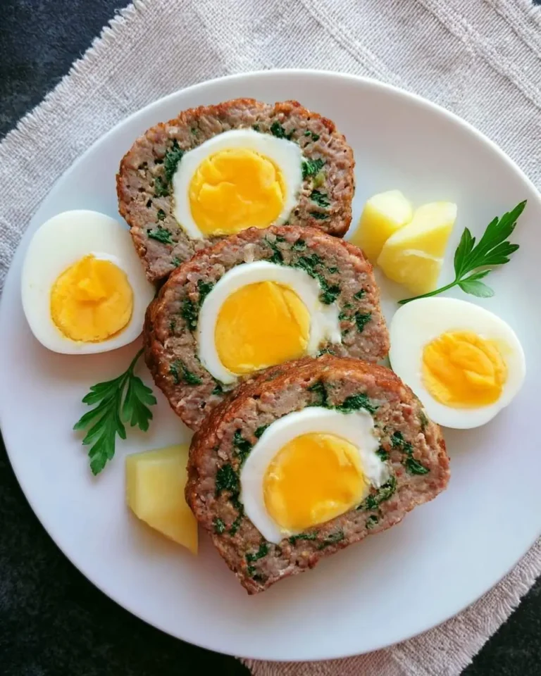 Sliced Meatloaf with Eggs on a white plate, served with boiled potato chunks and fresh parsley garnish.