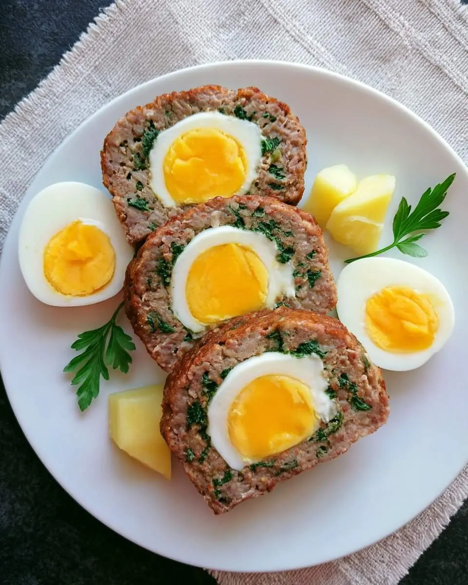 Sliced Meatloaf with Eggs on a white plate, served with boiled potato chunks and fresh parsley garnish.