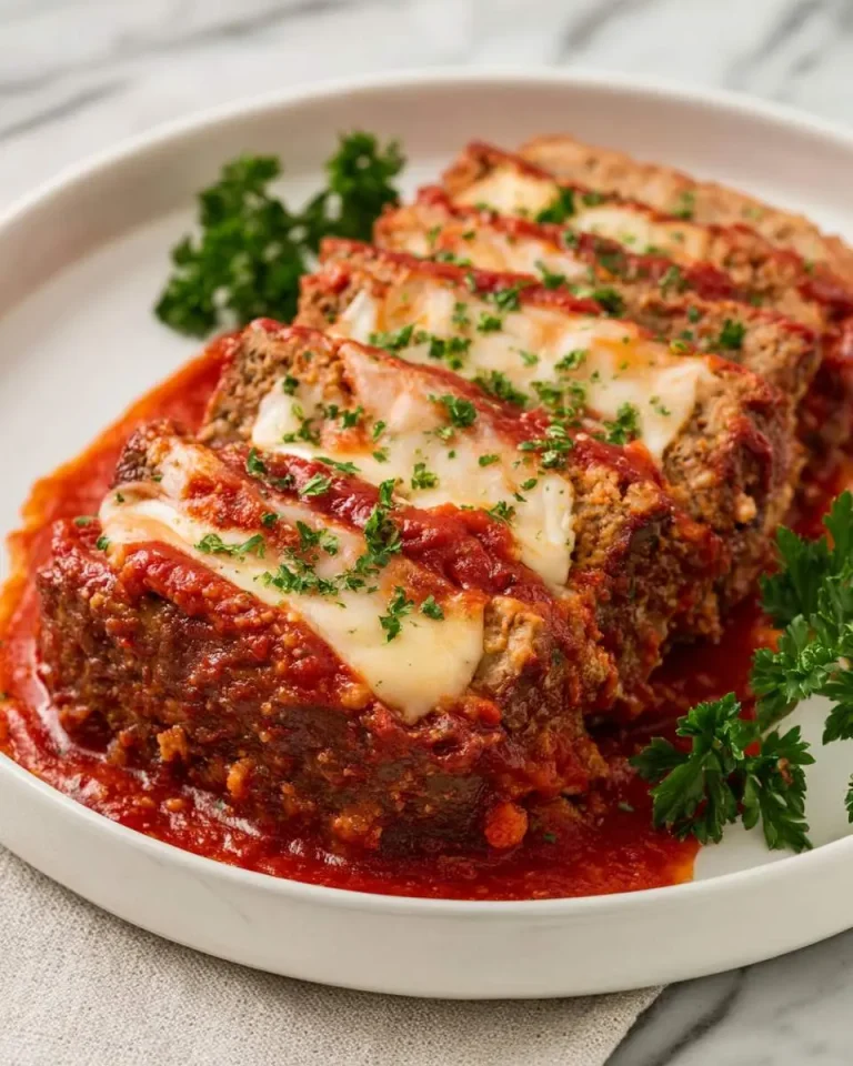 Sliced meatloaf with marinara sauce topped with melted mozzarella and fresh parsley on a white plate.
