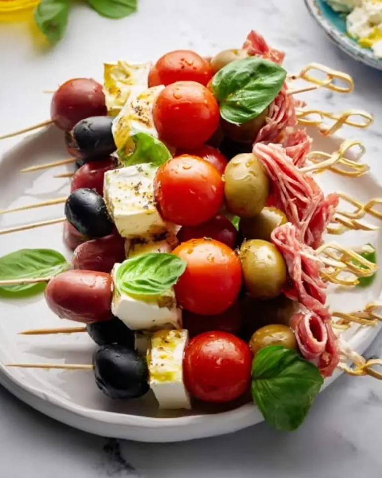 Colorful Mediterranean Antipasto Skewers featuring cherry tomatoes, olives, fresh mozzarella, basil, and cured meat arranged on a white plate.