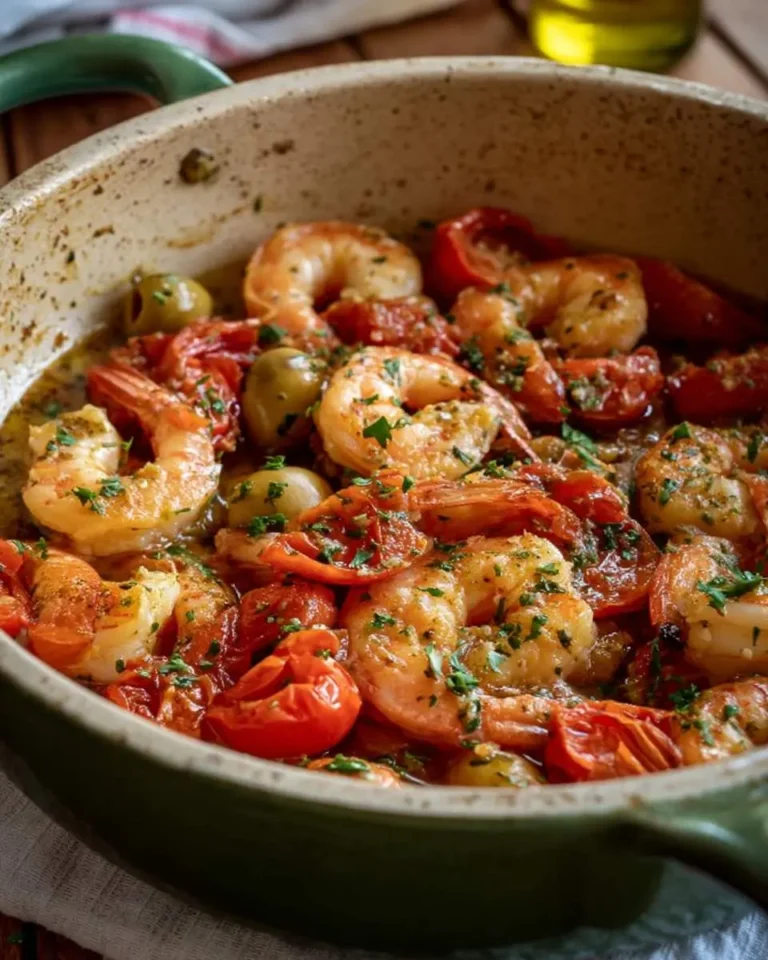 Mediterranean Shrimp Skillet with tomatoes, olives, and herbs in a green ceramic pan.